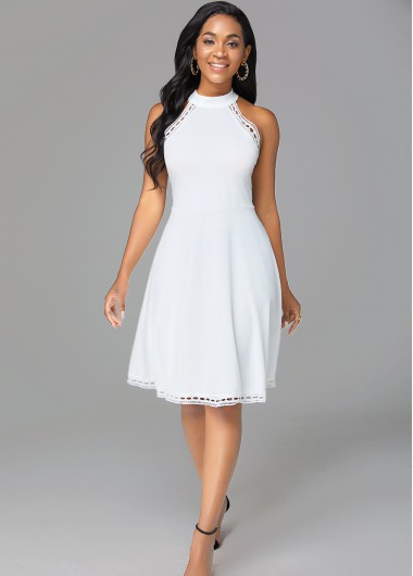 Rosewe White Dresses Solid Pierced Mock Neck Sleeveless Dress - M