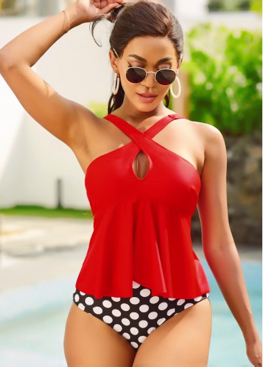 Rosewe Cross Front Polka Dot Wide Strap Tankini Set - XL