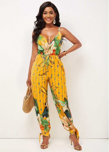 Rosewe Floral Print Spaghetti Strap Pocket Detail Jumpsuit - M