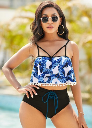 Rosewe High Waist Pom Pom Spaghetti Strap Bikini Set - M