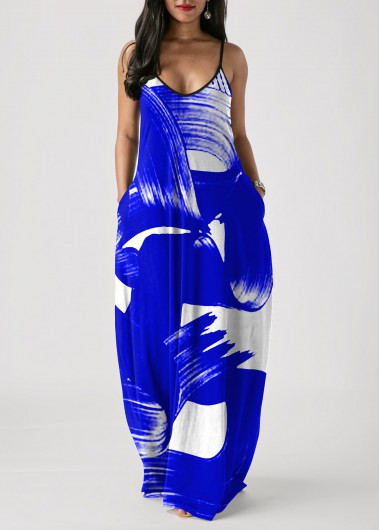 Rosewe Cocktail Party Dress Pocket Printed Spaghetti Strap Maxi Dress - M