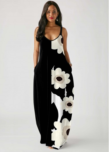 Rosewe Cocktail Party Dress Pocket Floral Print Spaghetti Strap Dress - M