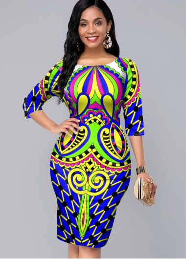Rosewe Cocktail Party Dress Round Neck Tribal Print 3/4 Sleeve Dress - S