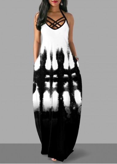 Rosewe Cocktail Party Dress Pocket Tie Dye Print Cross Strap Dress - XL