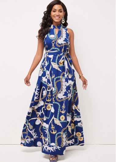 Rosewe Cocktail Party Dress Sleeveless Gold Chain Print Pocket Swing Dress - XXL