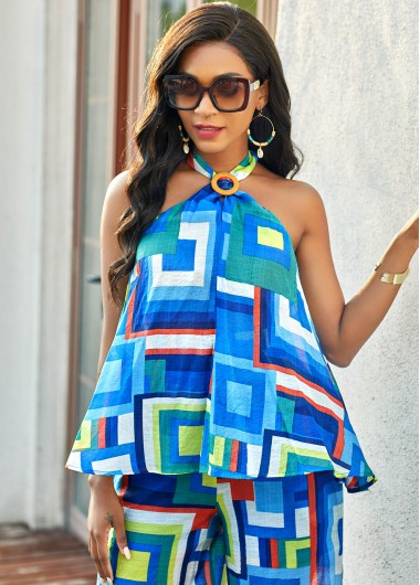 Rosewe Patchwork Halter Sky Blue Tie Back Blouse - XXL