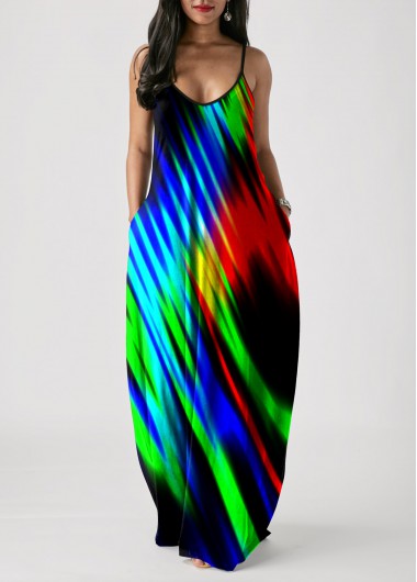 Rosewe Cocktail Party Dress Pocket Colorful Printed Spaghetti Strap Dress - M