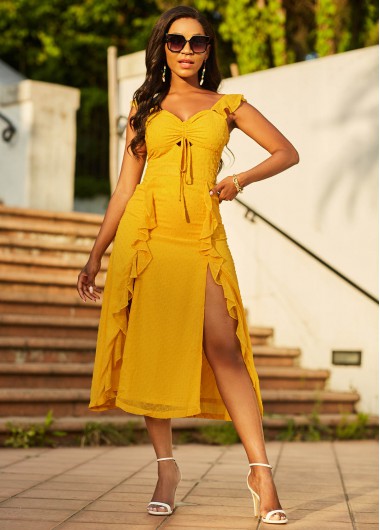 Rosewe Cocktail Party Dress Double Slit Tie Front Flounce Dress - S