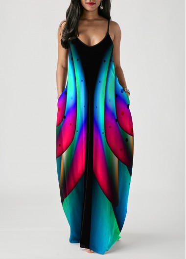 Rosewe Cocktail Party Dress Pocket Colorful Printed Spaghetti Strap Dress - M