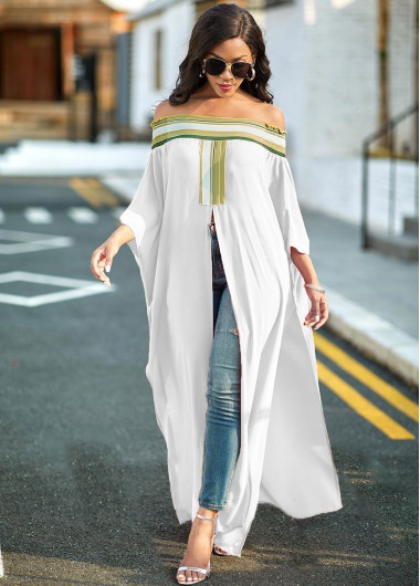 Rosewe Striped Off Shoulder High Slit Blouse - L