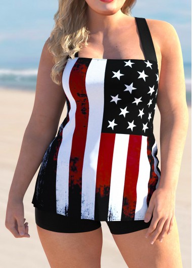 Rosewe Plus Size American Flag Print Cross Strap Tankini Set - 1X