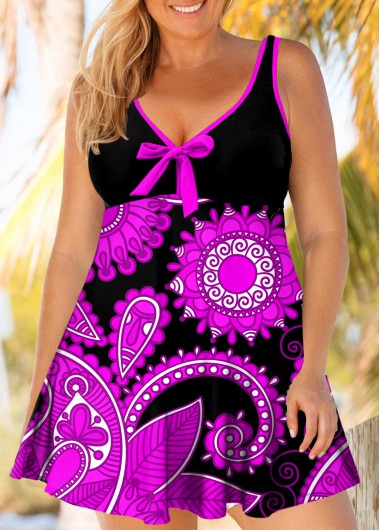 Rosewe Paisley Print Plus Size Bowknot Swimdress and Panty - 1X