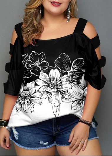 Rosewe Floral Print Plus Size Color Block T Shirt - 1X