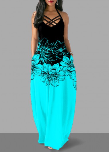 Rosewe Cocktail Party Dress Halter Floral Print Cross Strap Maxi Dress - XL