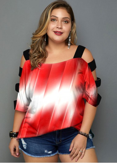 Rosewe Ladder Cutout Plus Size Ombre T Shirt - 1X