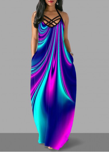 Rosewe Cocktail Party Dress Pocket Colorful Cross Strap Maxi Dress - XL