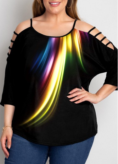 Rosewe Ladder Cutout Colorful Plus Size T Shirt - 3X
