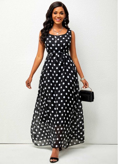 Rosewe Cocktail Party Dress Belted Chiffon Polka Dot Maxi Dress - M