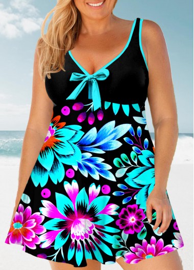 Rosewe Floral Print Plus Size Bowknot Front Swimdress Top - 3X