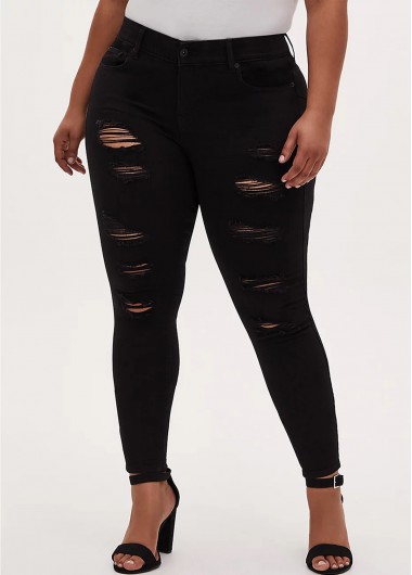Rosewe Shredded Black Skinny Plus Size Jeans - 3X