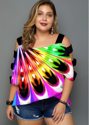 Rosewe Ladder Cutout Plus Size Rainbow Color T Shirt - 3X