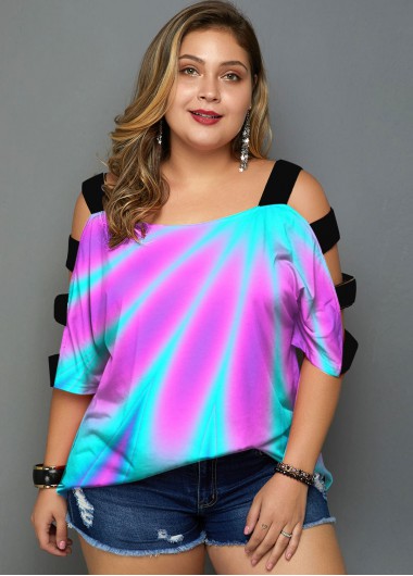 Rosewe Ladder Cutout Plus Size Multi Color T Shirt - 2X
