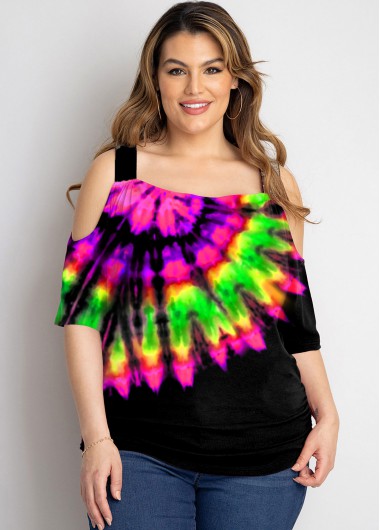 Rosewe Cold Shoulder Plus Size Multi Color T Shirt - 2X