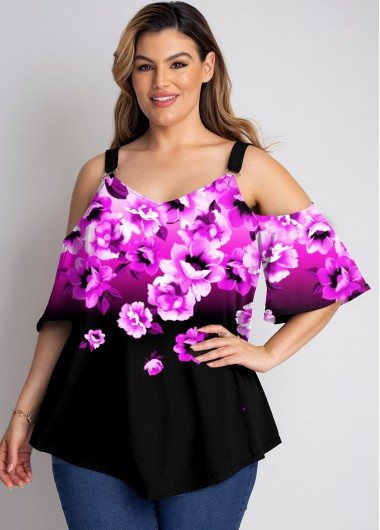 Rosewe Plus Size Floral Print Ruffle Sleeve T Shirt - 1X