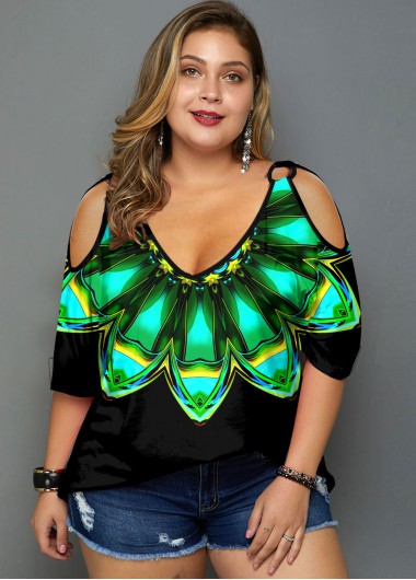 Rosewe Cold Shoulder Plus Size Psychedelic Print T Shirt - 3X