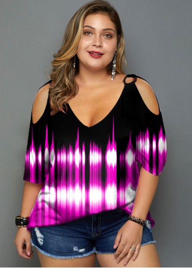 Rosewe Printed Plus Size Cold Shoulder T Shirt - 2X