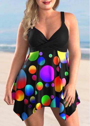 Rosewe Asymmetric Hem Plus Size Polka Dot Swimdress and Panty - 3X