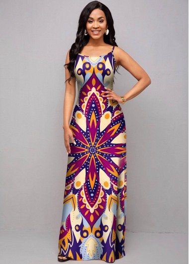 Rosewe Cocktail Party Dress Tribal Print Spaghetti Strap Maxi Dress - M