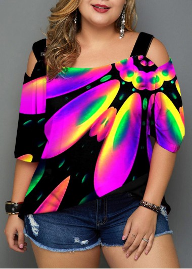 Rosewe Cold Shoulder Plus Size Rainbow Color Printed T Shirt - 3X