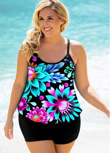 Rosewe Plus Size Floral Print Multi Color Tankini Set - 2X