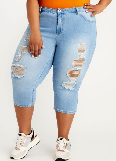 Rosewe Denim Blue Plus Size Shredded Pants - 2X