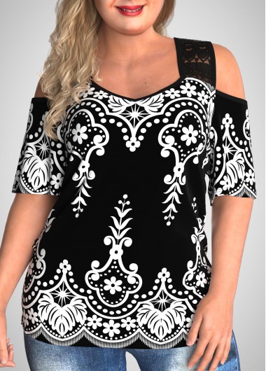Rosewe Tribal Print Plus Size Lace Stitching T Shirt - 1X