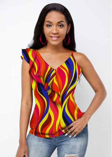 Rosewe Flounce Abstract Print Asymmetric Straps Camisole Top - XXL