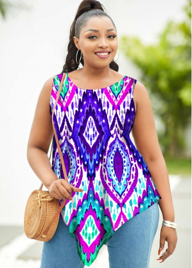 Rosewe Asymmetric Hem Tribal Print Plus Size Tank Top - 1X