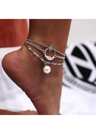 Rosewe Chic Moon and Star Pendant Pearl Design Anklet - One Size