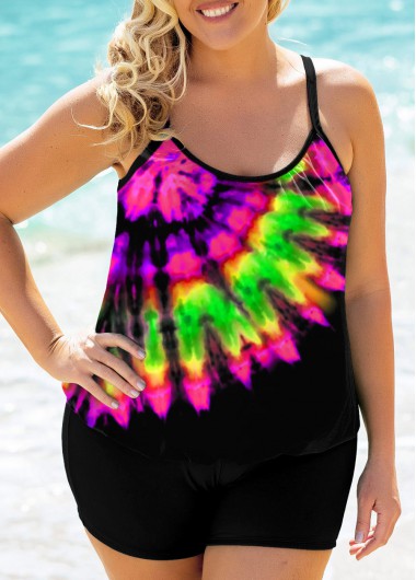Rosewe Spaghetti Strap Plus Size Tie Dye Print Tankini Set - 2X