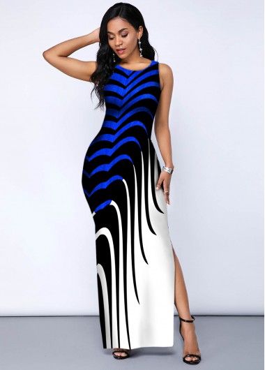 Rosewe Cocktail Party Dress Side Slit Sleeveless Round Neck Printed Dress - S