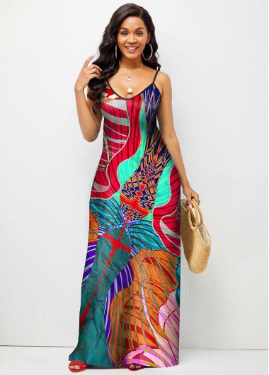 Rosewe Cocktail Party Dress Abstract Print Spaghetti Strap Maxi Dress - S