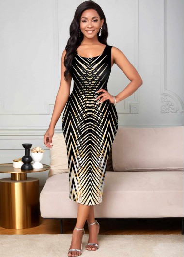 Rosewe Cocktail Party Dress Sleeveless Animal Prints Round Neck Dress - M