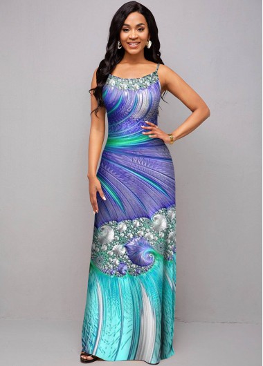 Rosewe Cocktail Party Dress Sea Print Spaghetti Strap Maxi Dress - S