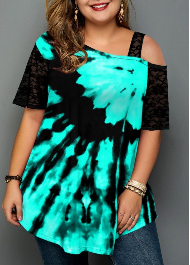 Rosewe Plus Size Lace Stitching Tie Dye Print T Shirt - 2X