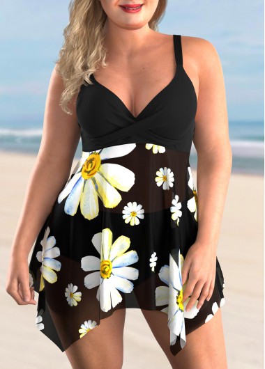 Rosewe Hanky Hem Plus Size Daisy Print Swimdress and Panty - 3X