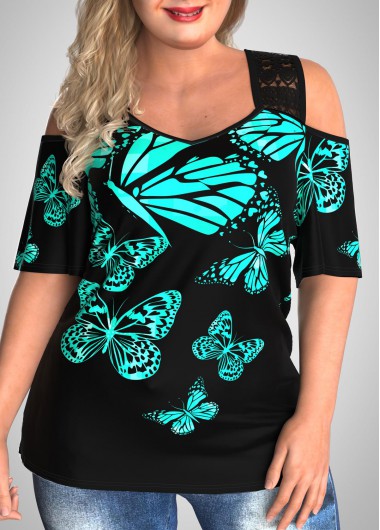 Rosewe Butterfly Print Plus Size Cold Shoulder T Shirt - 1X