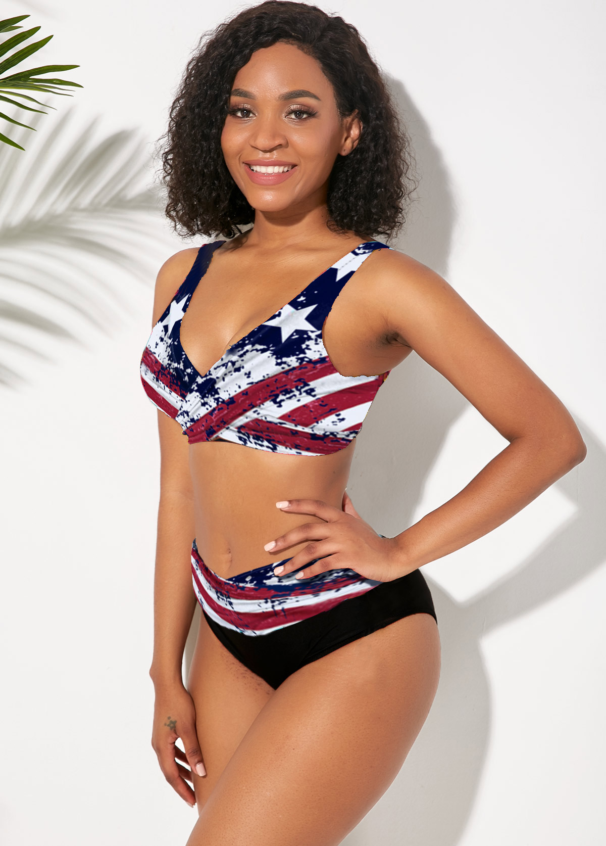 High Waisted American Flag Print Lace Up Bikini Set