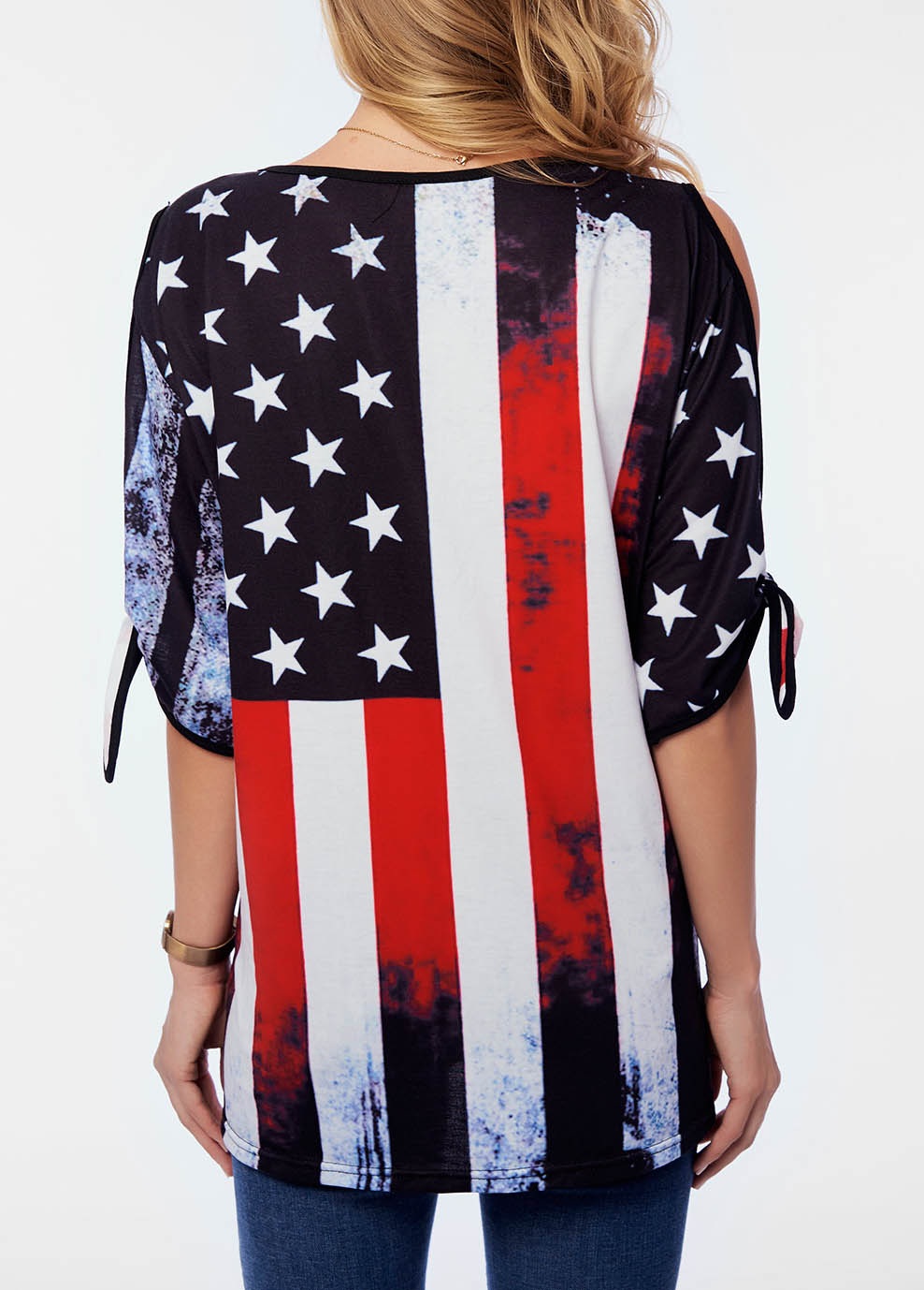 American Flag Print Cold Shoulder T Shirt