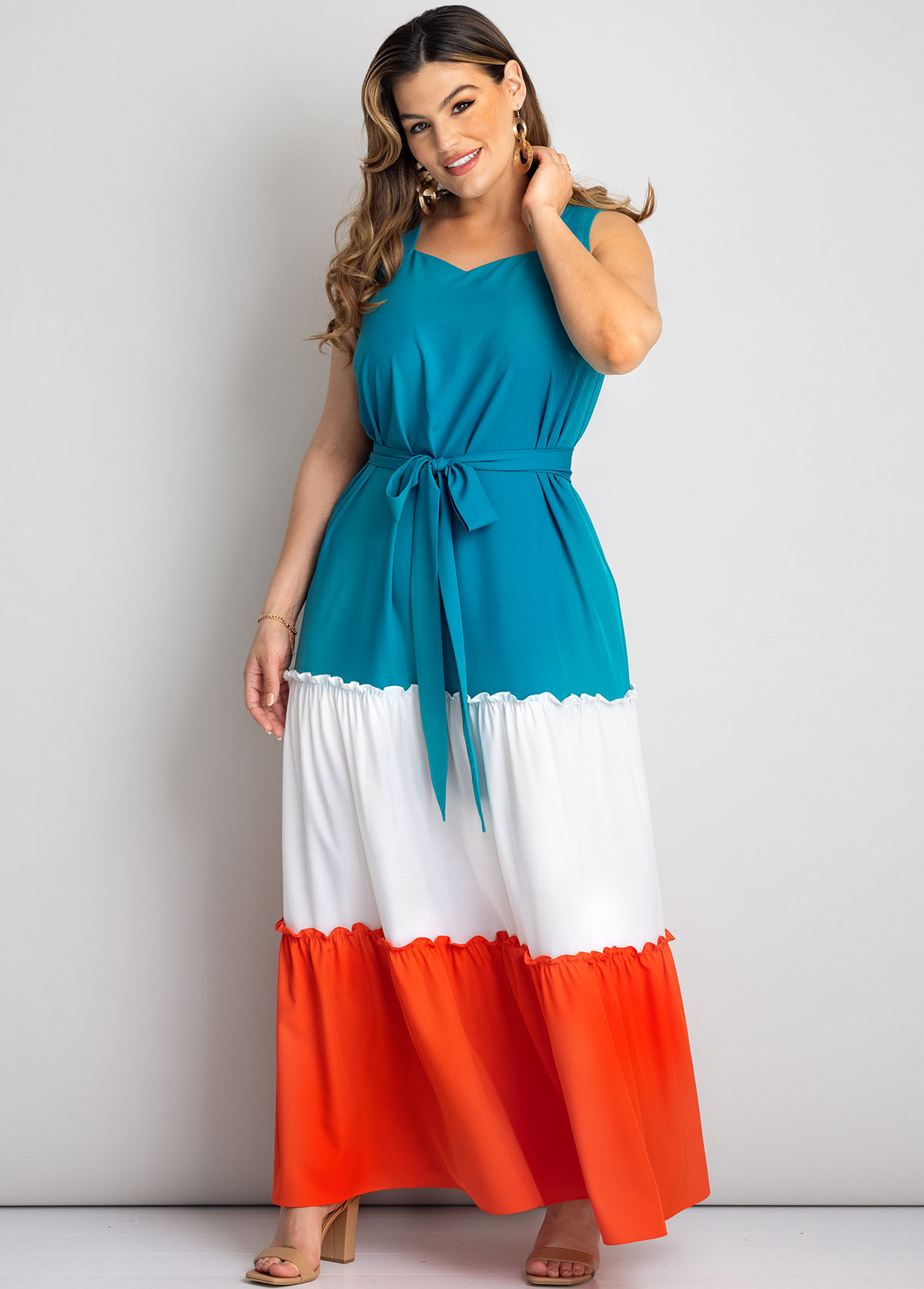 Belted Color Block Plus Size Maxi Dress USD